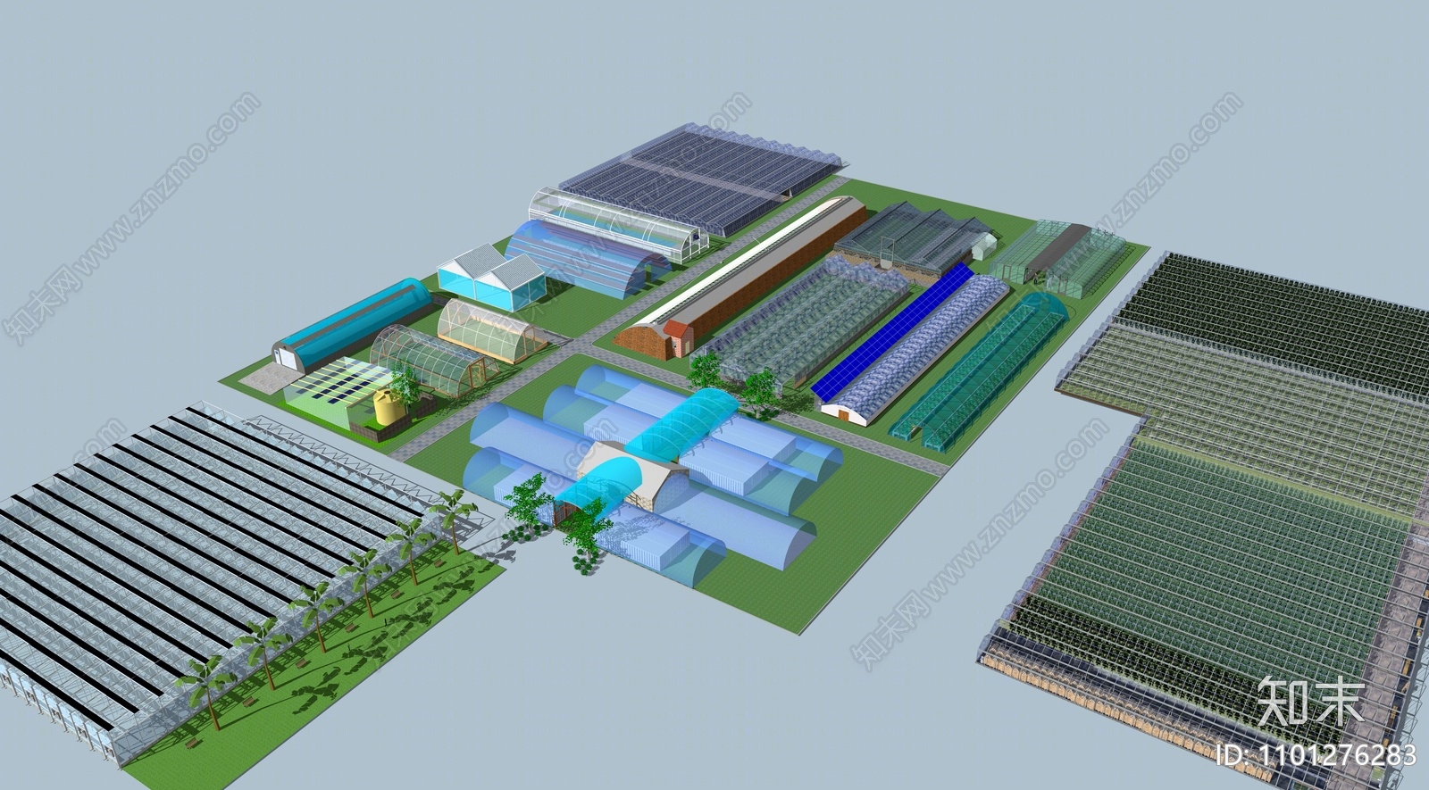 现代蔬菜温室大棚SU模型下载【ID:1101276283】
