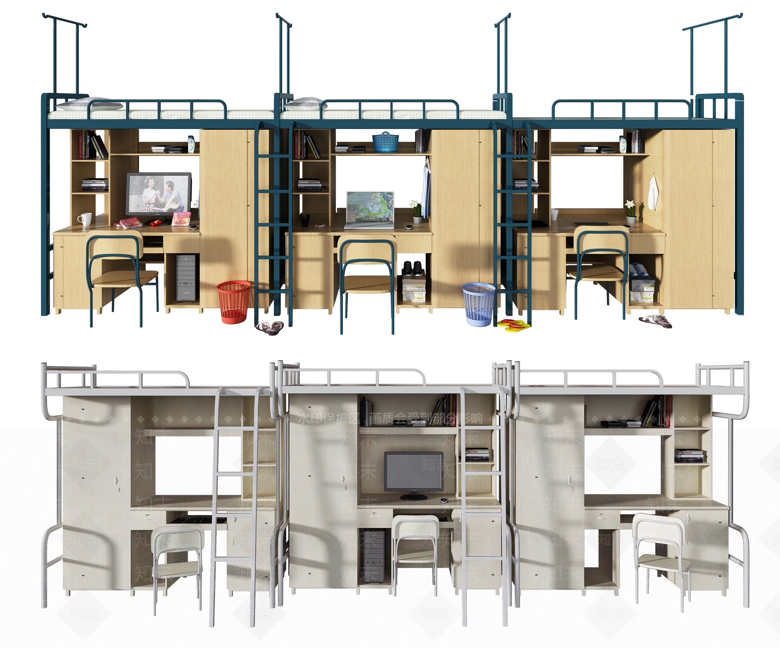 现代宿舍铁架双层床组合3D模型下载【ID:1101277971】