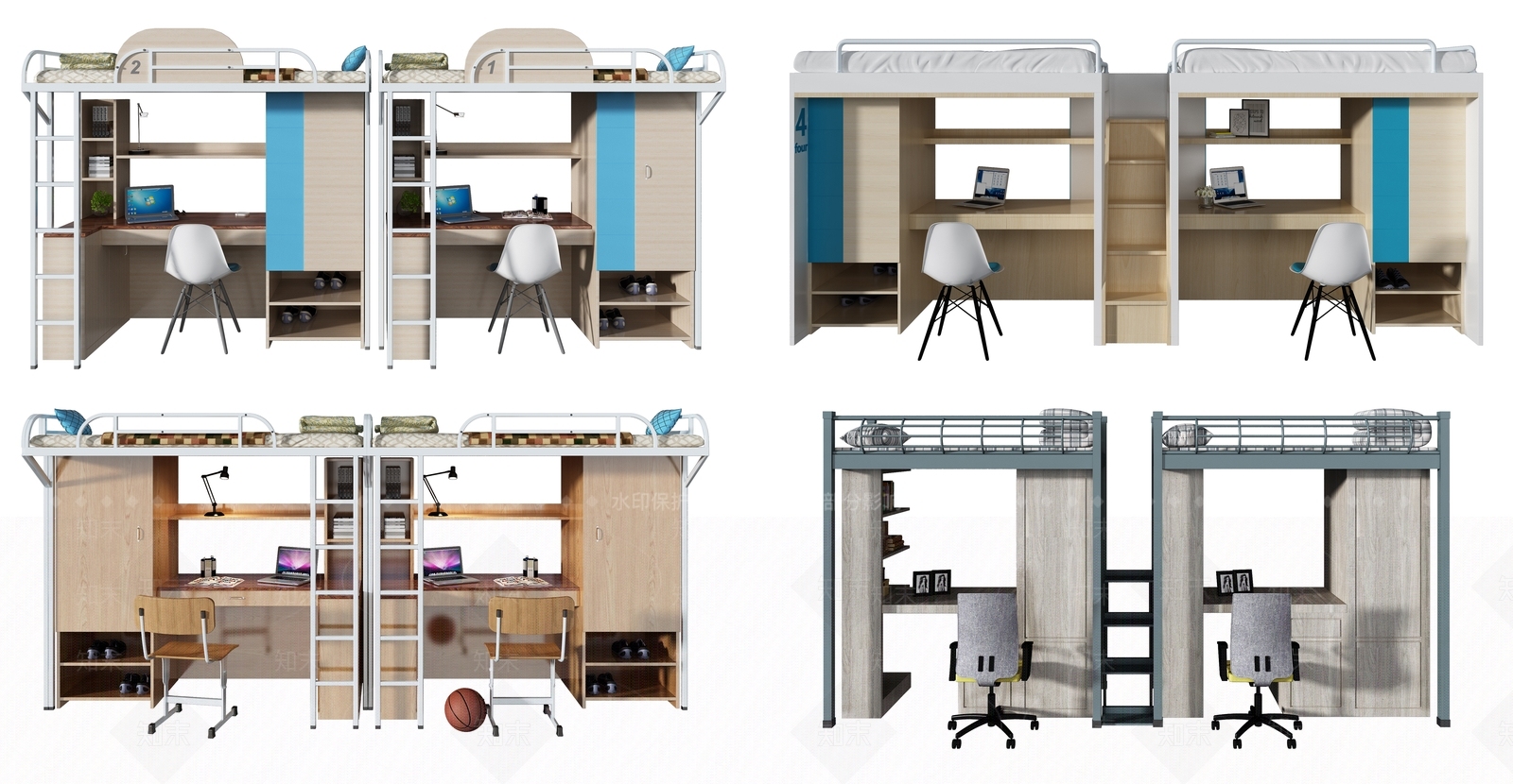 现代宿舍铁架双层床组合3D模型下载【ID:1101291561】