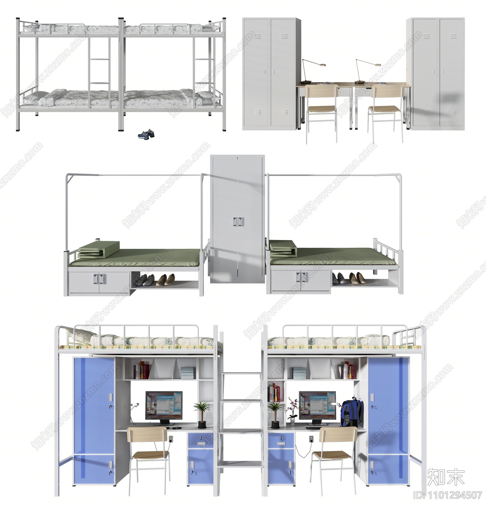 现代宿舍铁架双层床组合3D模型下载【ID:1101294507】