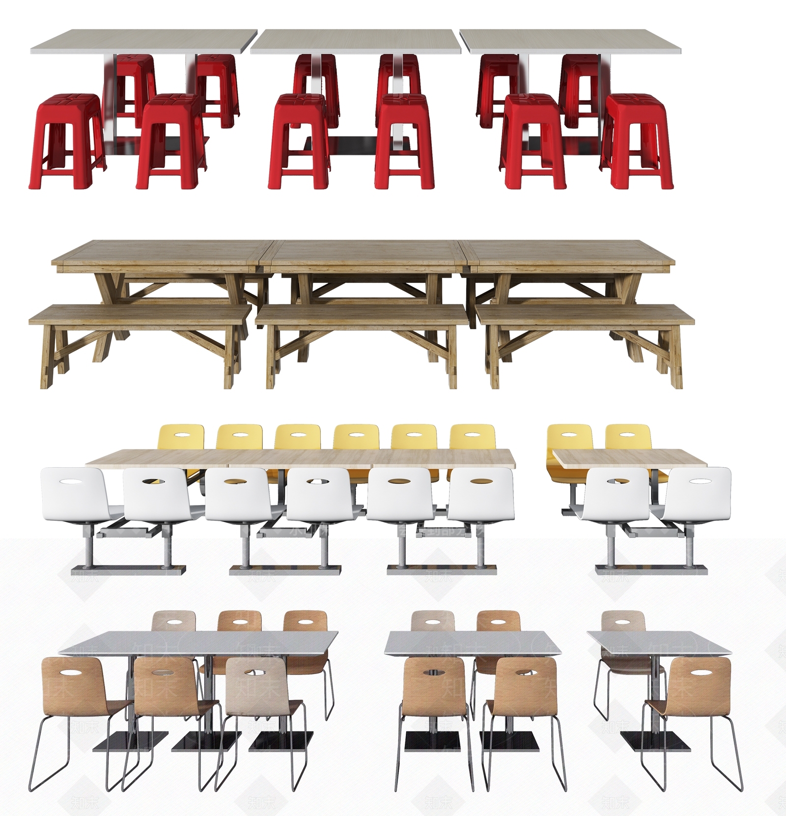 现代食堂公共餐桌椅组合3D模型下载【ID:1101302226】