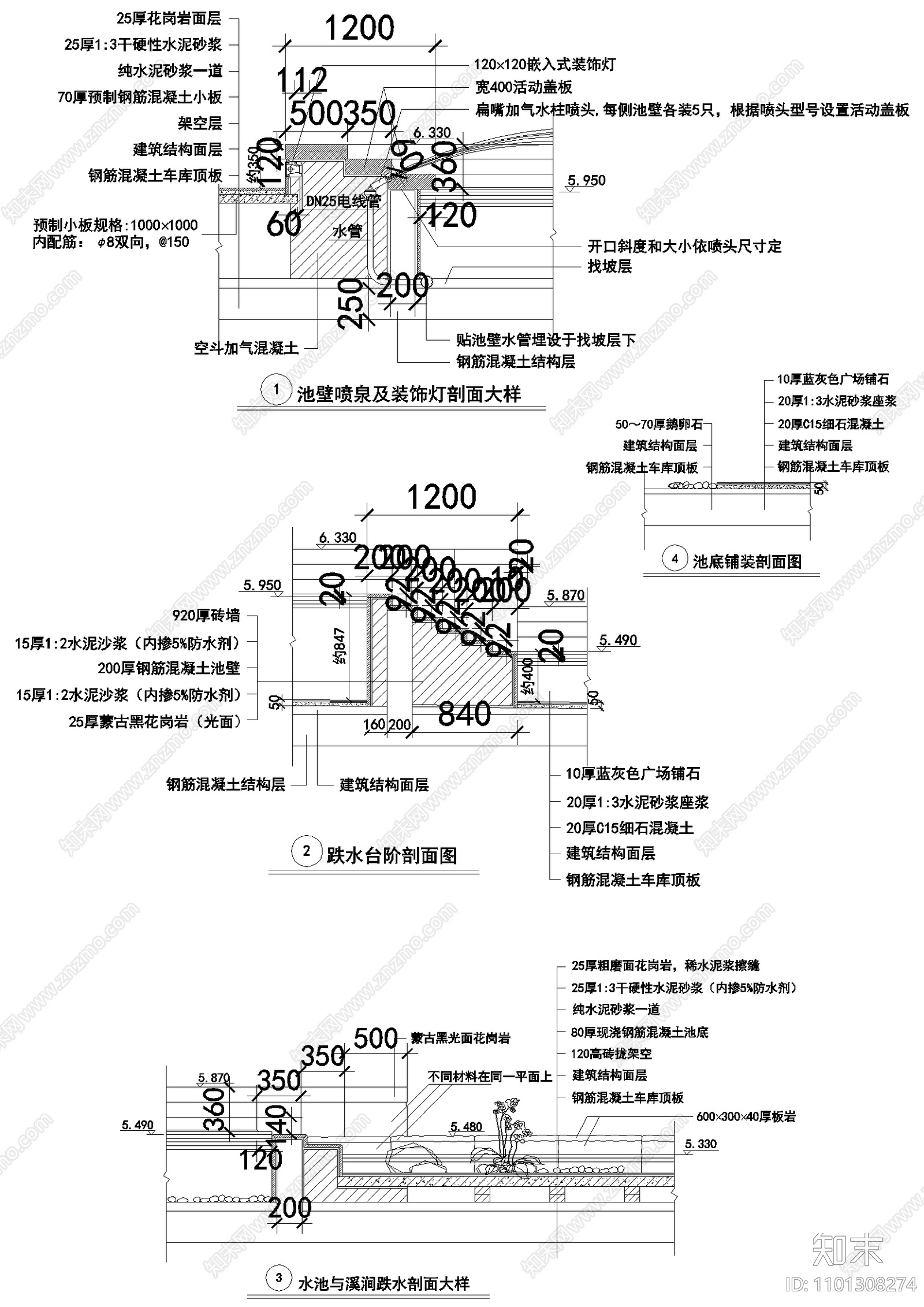 喷泉水池跌水景观详图施工图下载【ID:1101308274】