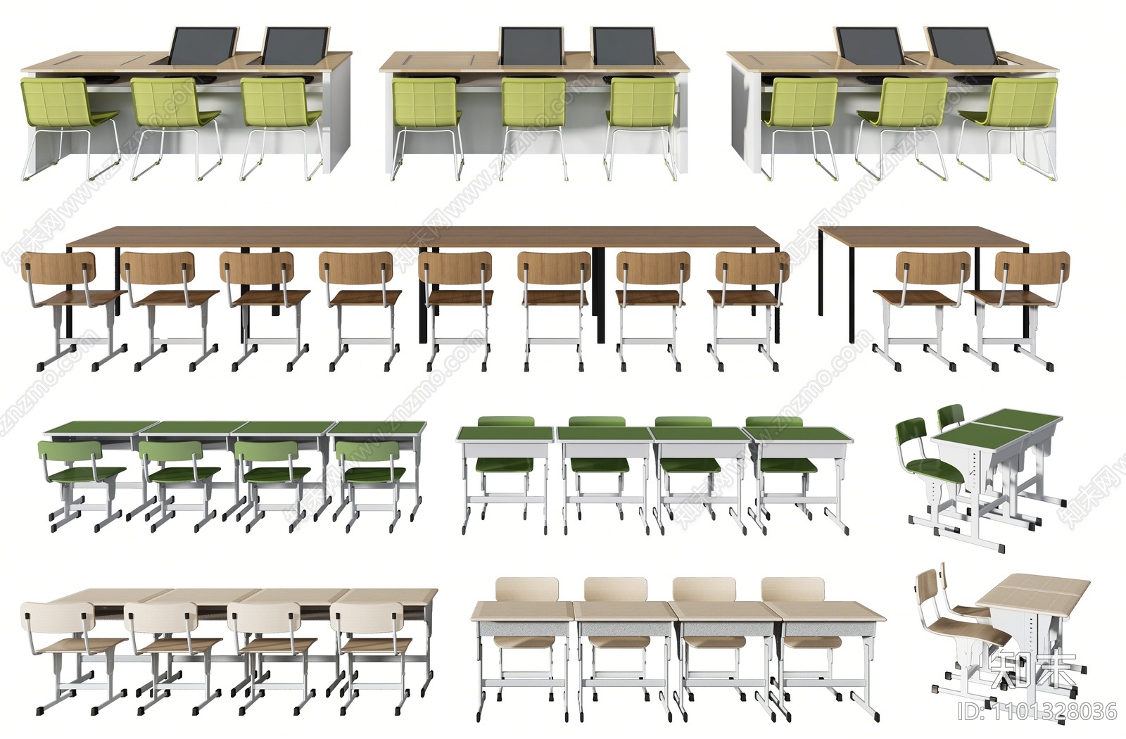 现代教室课桌椅组合3D模型下载【ID:1101328036】
