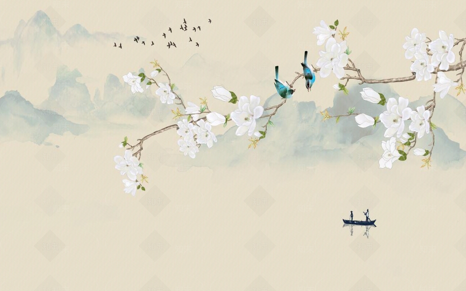 中式玉兰花鸟图贴图下载【ID:1101411419】