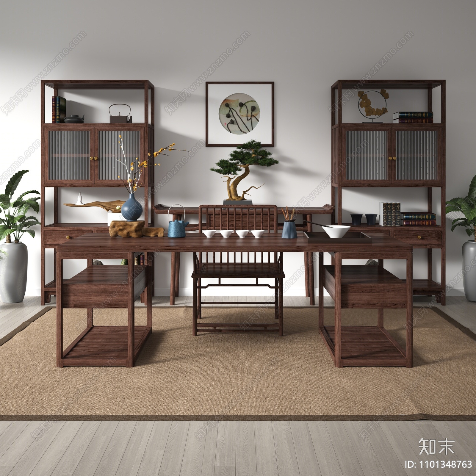 新中式茶桌椅组合3D模型下载【ID:1101348763】