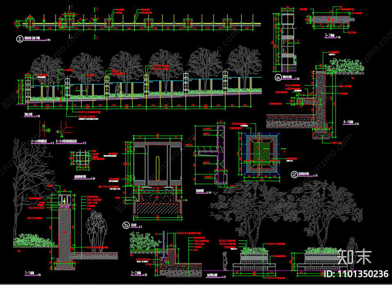 围墙及树池详图CAD施工图下载【ID:1101350236】