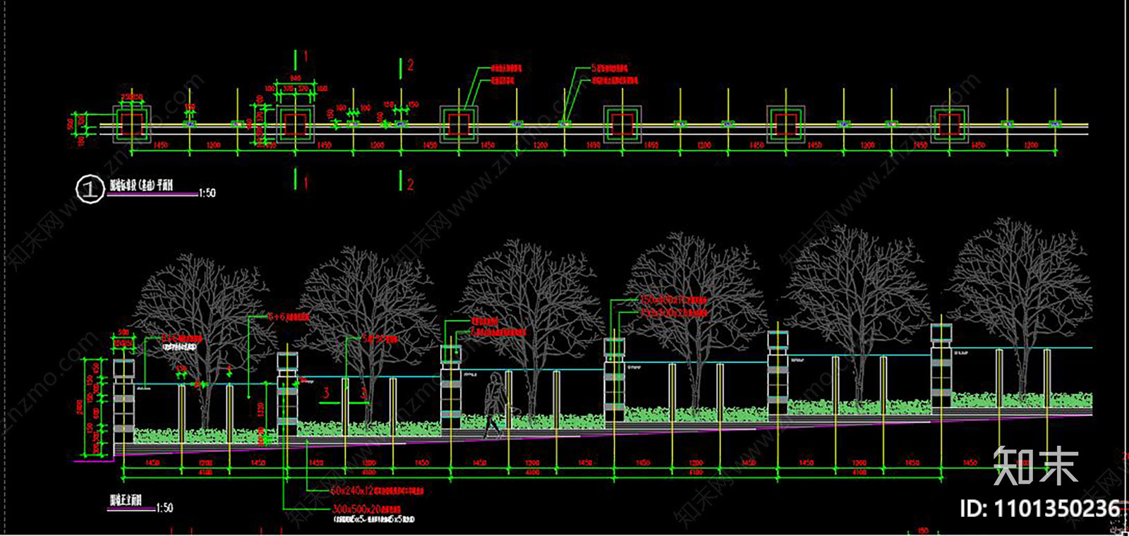 围墙及树池详图CAD施工图下载【ID:1101350236】