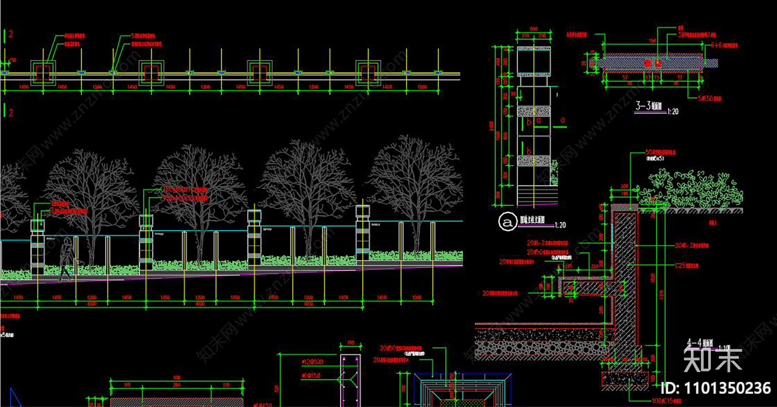 围墙及树池详图CAD施工图下载【ID:1101350236】