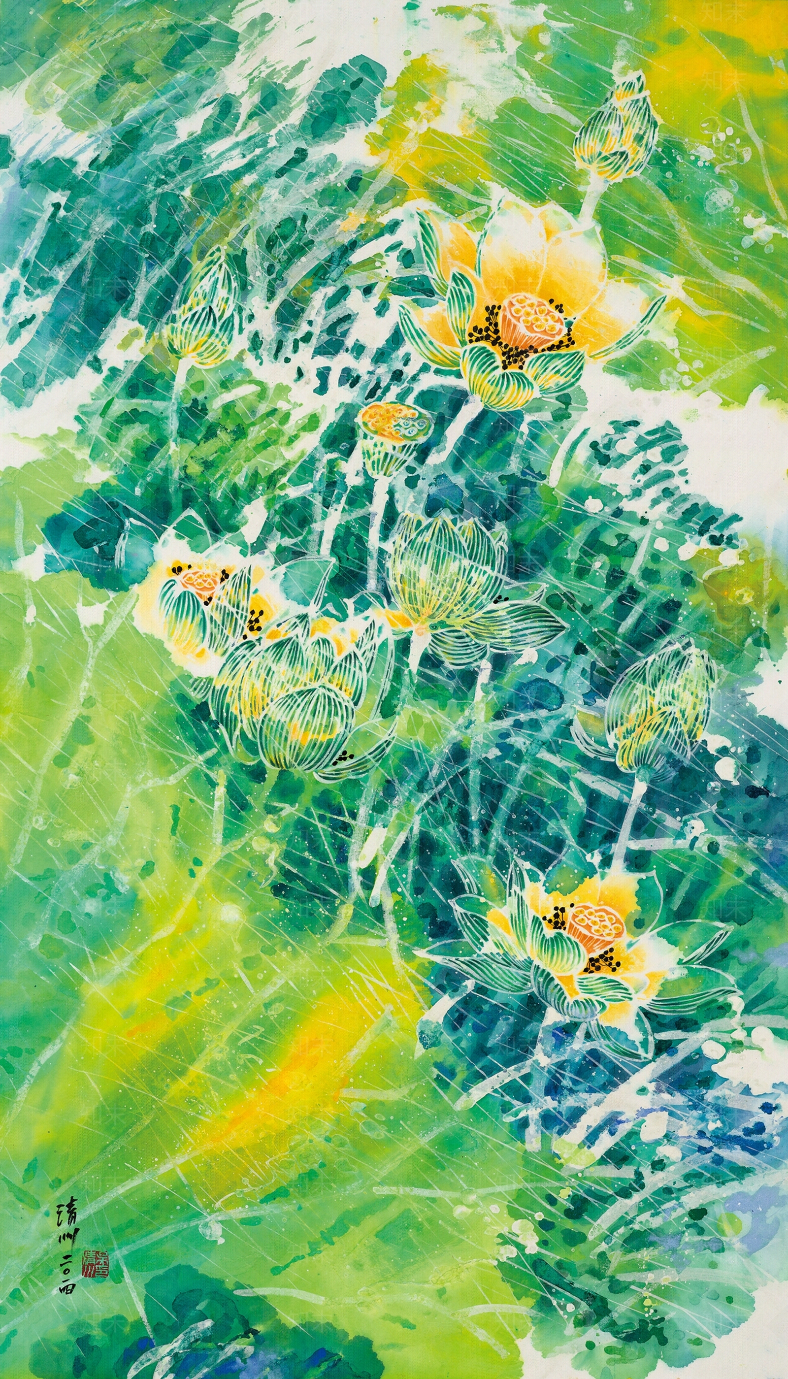 Arton现代新中式绿色荷叶莲花水墨写意抽象画下载【ID:1101383966】