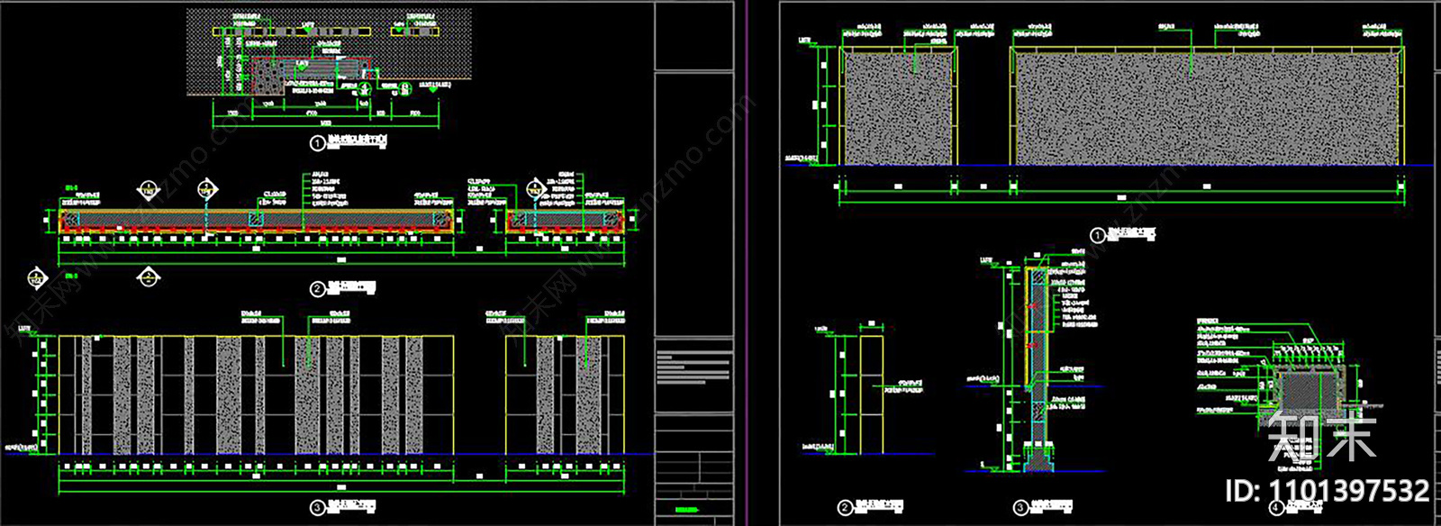 轴线景墙及座凳详图CAD施工图下载【ID:1101397532】