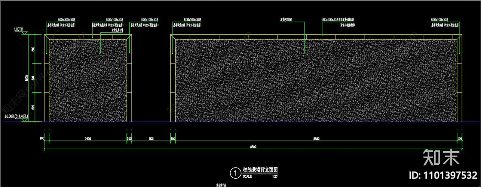 轴线景墙及座凳详图CAD施工图下载【ID:1101397532】