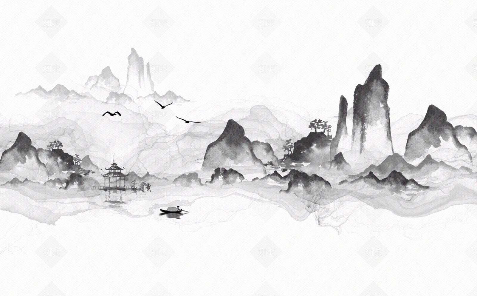 新中式水墨亭子高清画贴图下载【ID:1101411755】