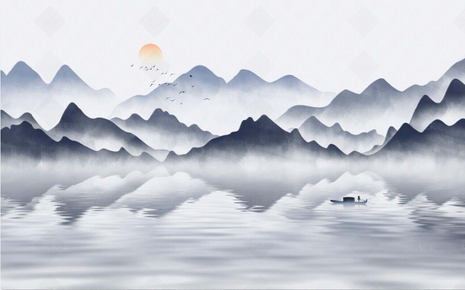 新中式山水船太阳高清画贴图下载【ID:1101411814】