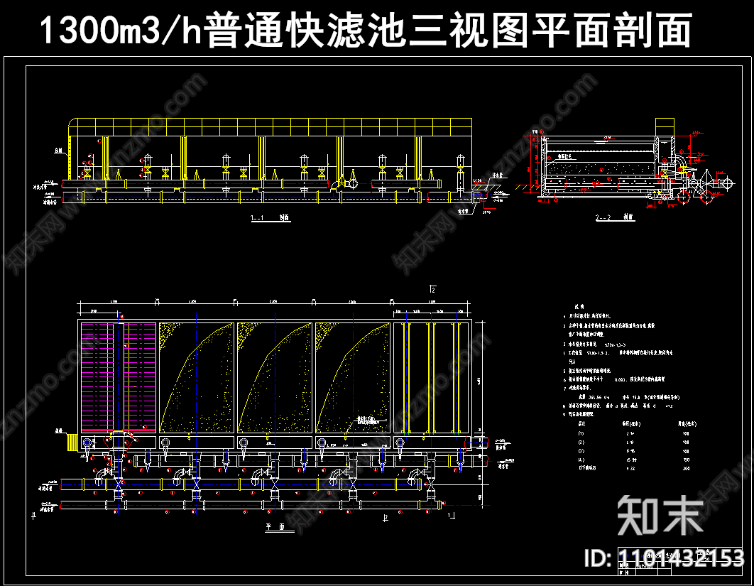 普通快滤池三视图平面剖面cad施工图下载【ID:1101432153】