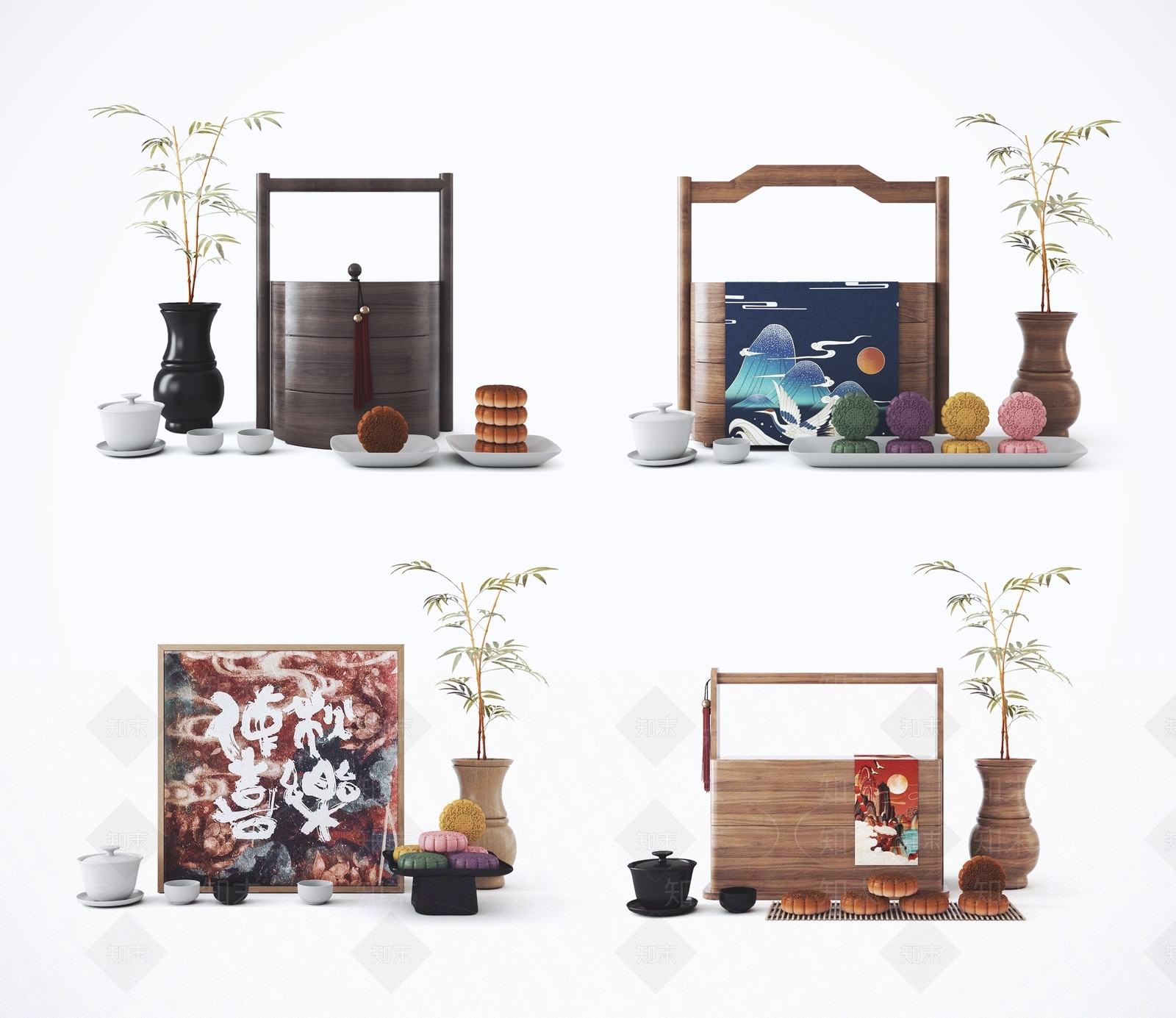 新中式月饼礼盒3D模型下载【ID:1101479135】