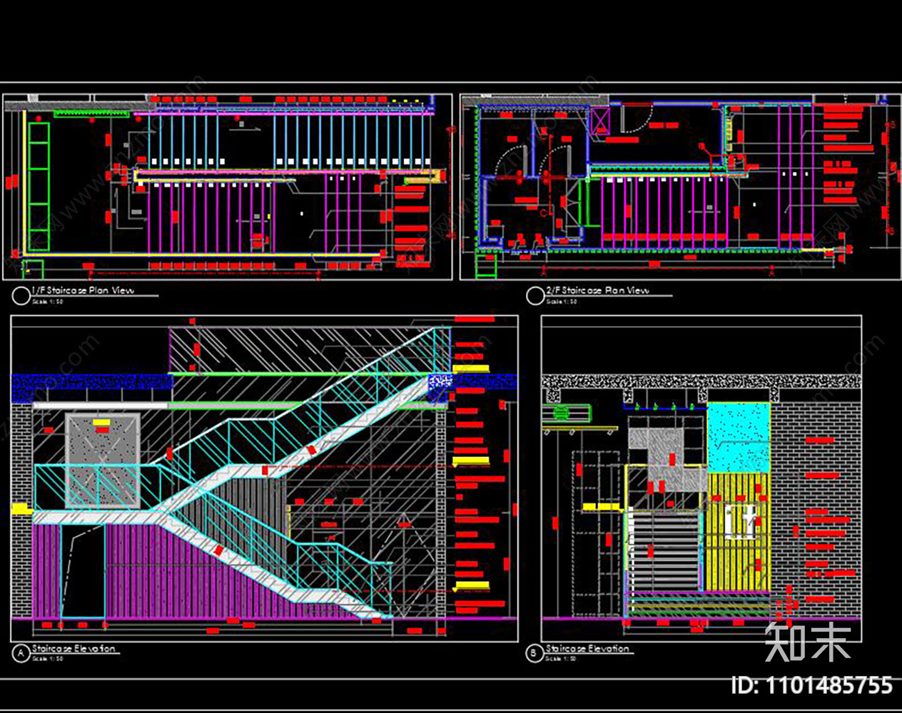 玻璃楼梯栏杆CAD图纸施工图下载【ID:1101485755】
