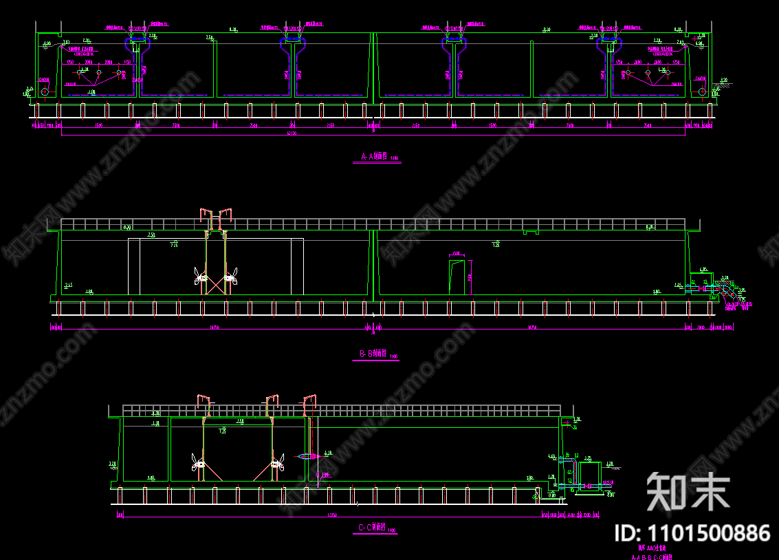 AAO生化池平面剖面三视图cad施工图下载【ID:1101500886】