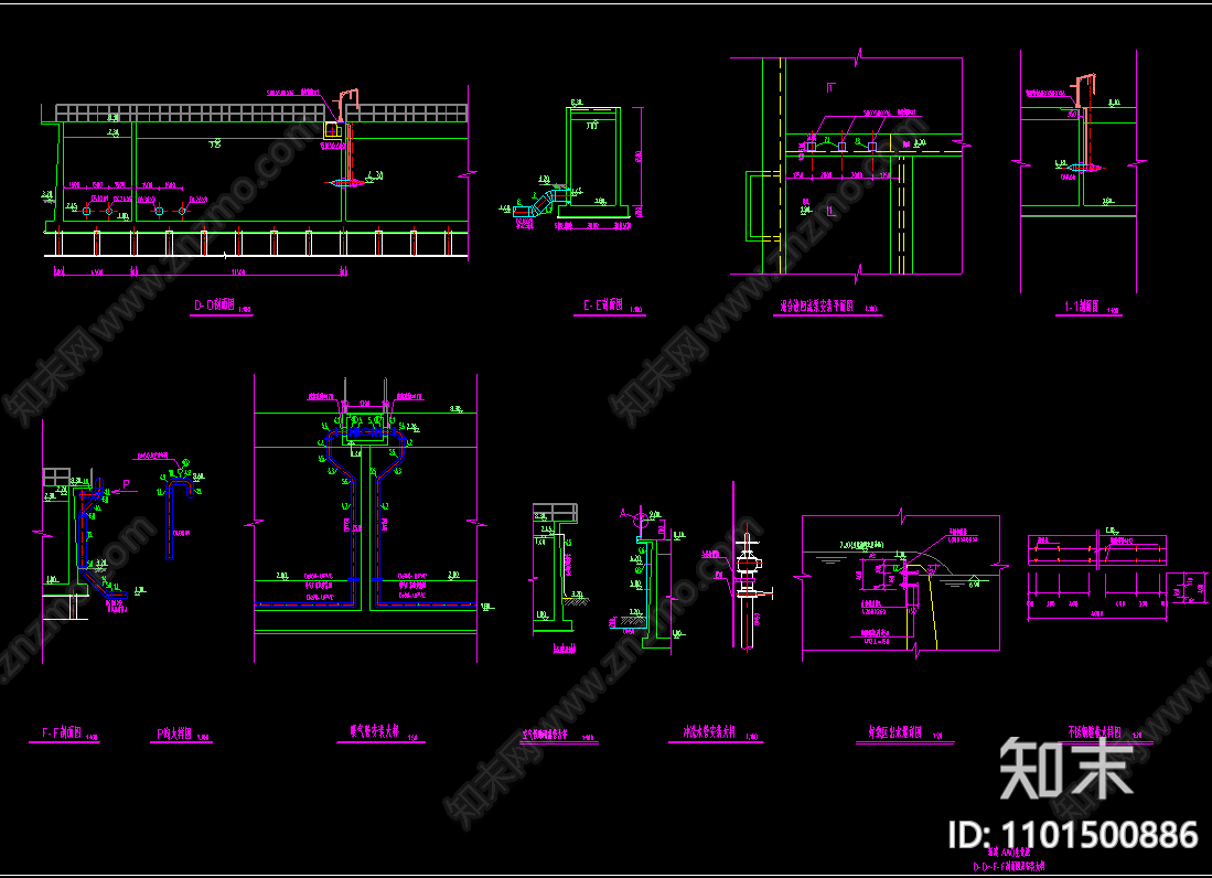 AAO生化池平面剖面三视图cad施工图下载【ID:1101500886】