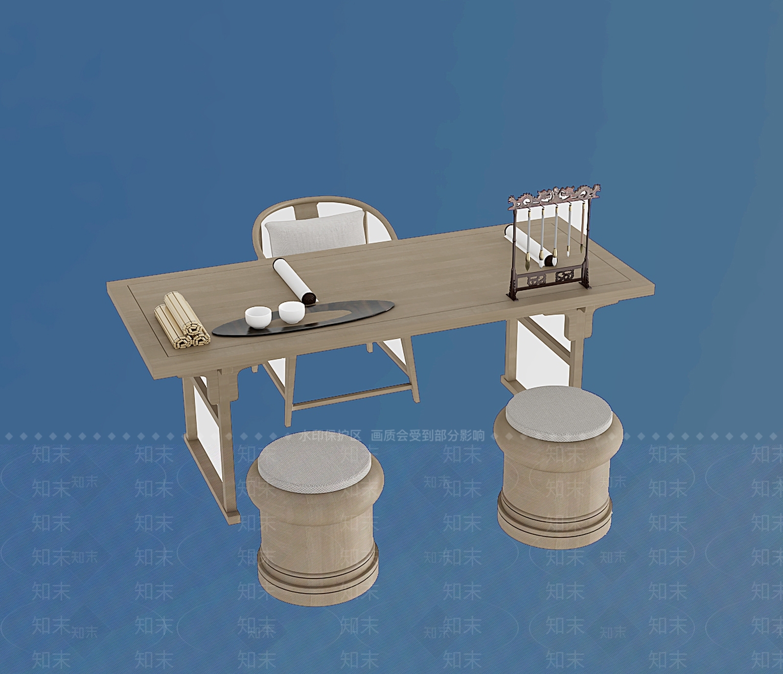 新中式书法桌3D模型下载【ID:1101511236】
