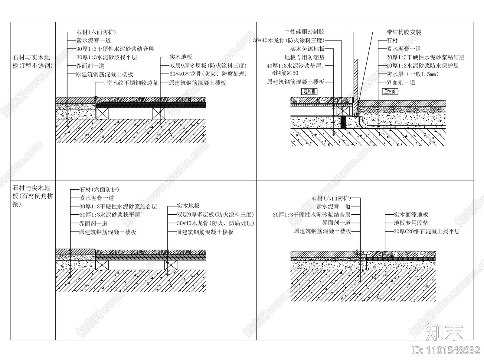 石材与实木地板相接做法大样施工图下载【ID:1101548932】