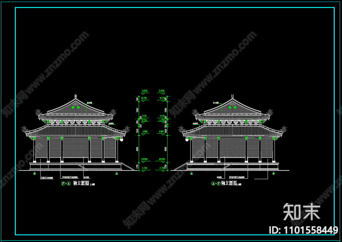 中式道家仿古建筑大殿建施图cad施工图下载【ID:1101558449】