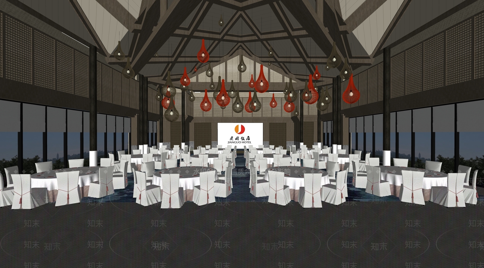 新中式酒店宴会厅SU模型下载【ID:1101570445】