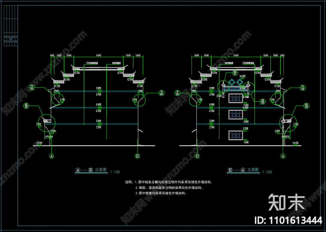 中式农村徽派马头墙住宅楼施工图下载【ID:1101613444】