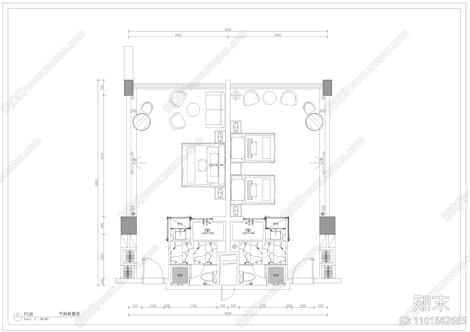 温泉酒店客房平面施工图下载【ID:1101682665】