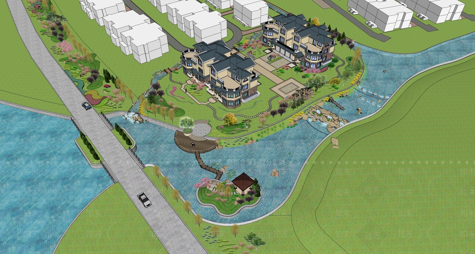 现代别墅滨水景观SU模型下载【ID:1101734338】