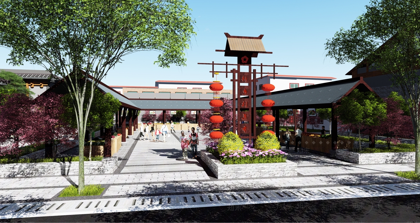新中式乡村商业街SU模型下载【ID:1101846681】