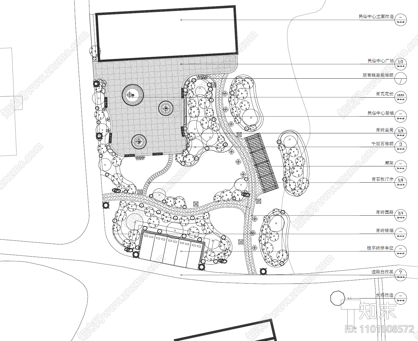 民俗中心公园cad施工图下载【ID:1101808572】