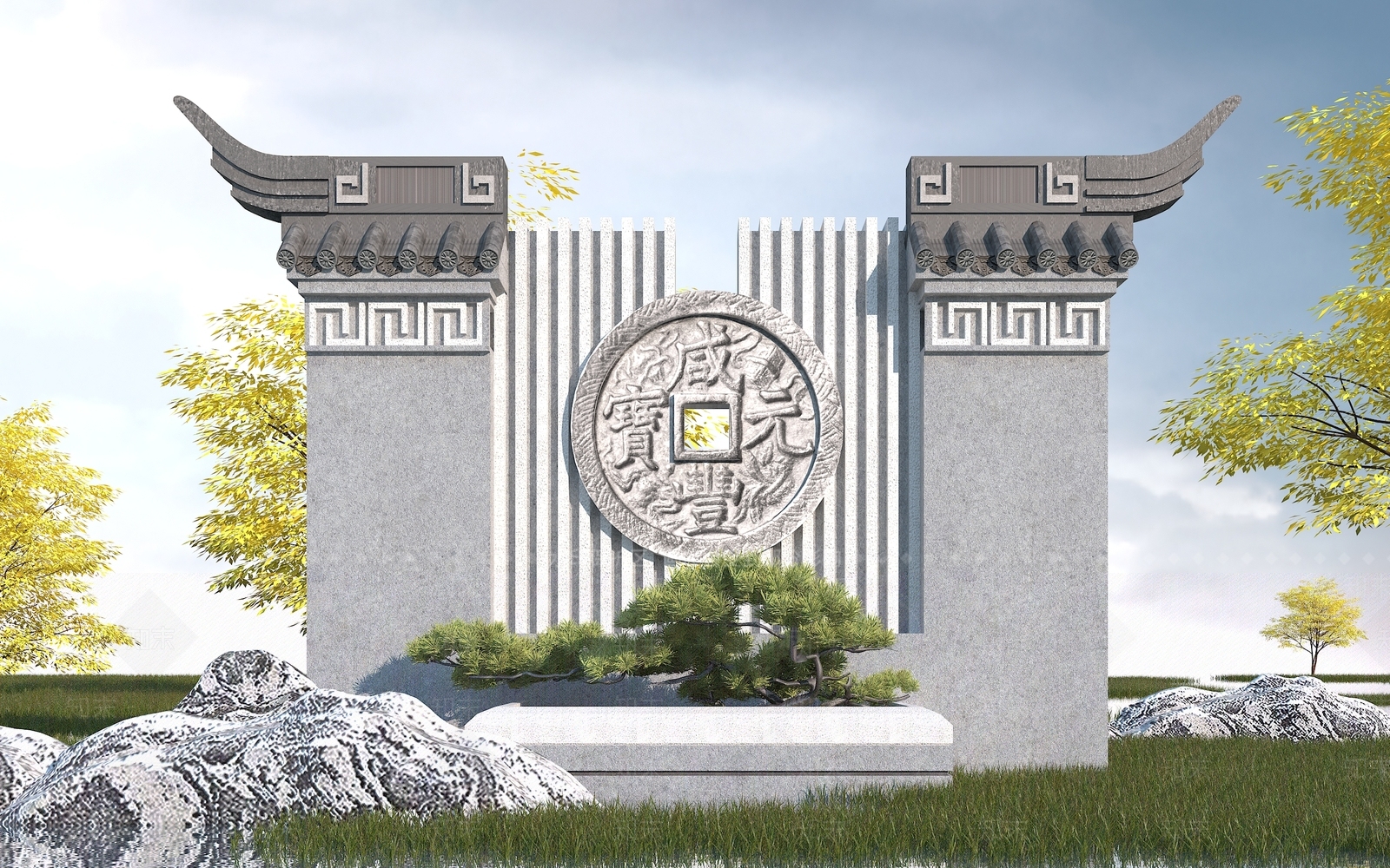 中式景墙3D模型下载【ID:1101843843】