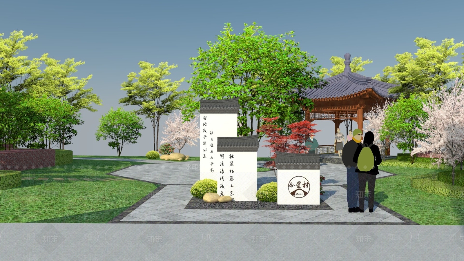新中式小公园景观SU模型下载【ID:1101844001】