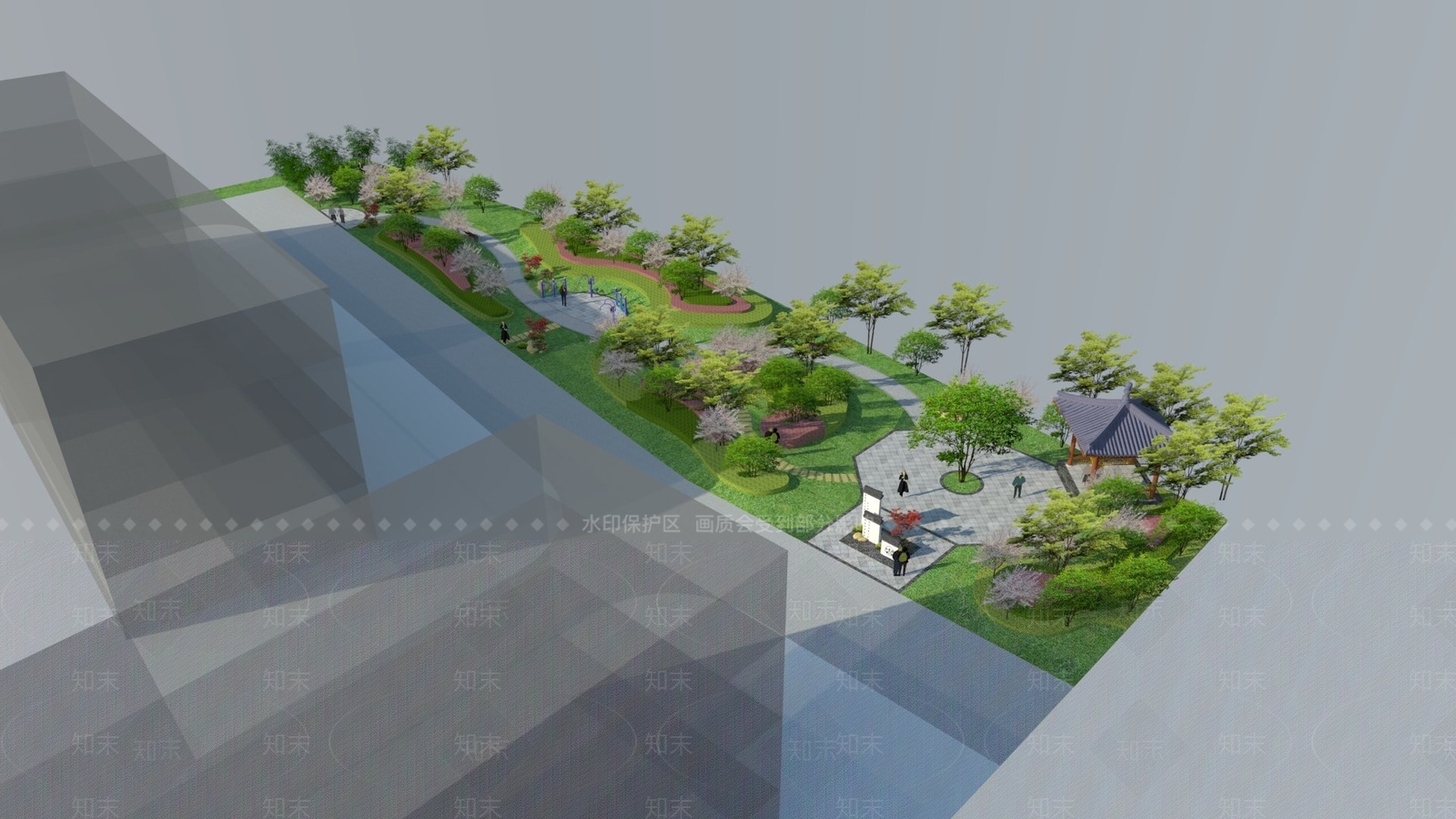 新中式小公园景观SU模型下载【ID:1101844001】