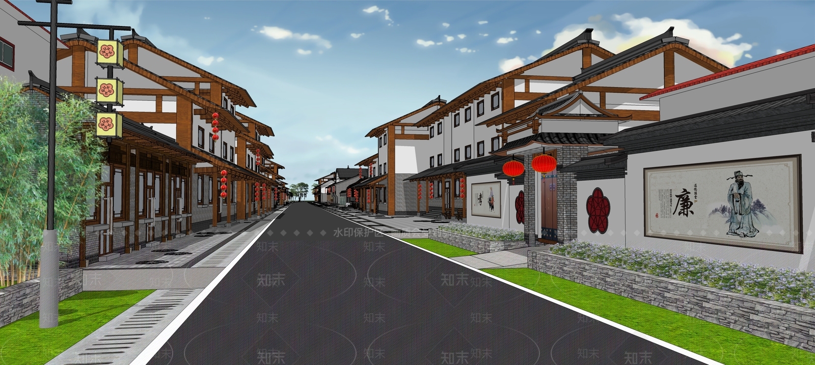 新中式乡村商业街SU模型下载【ID:1101846681】