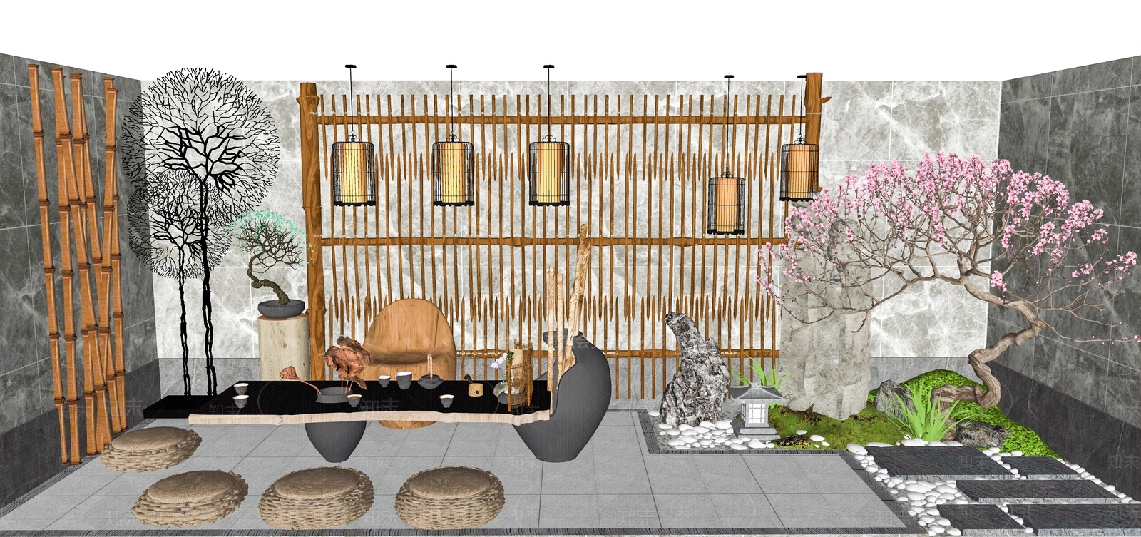 日式庭院枯山水禅意景观小品SU模型下载【ID:1104697398】