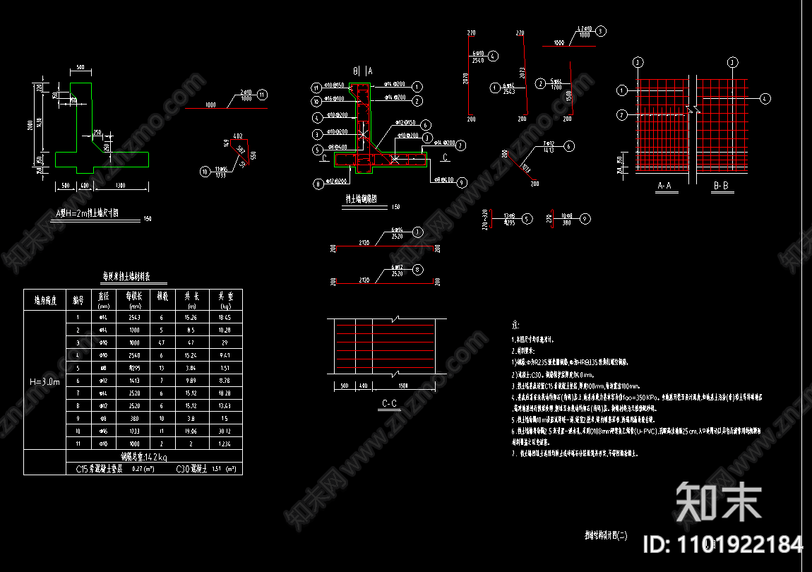 重力式挡土墙配筋材料表施工图下载【ID:1101922184】