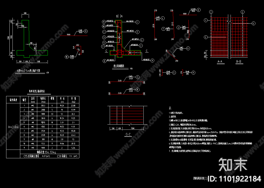 重力式挡土墙配筋材料表施工图下载【ID:1101922184】