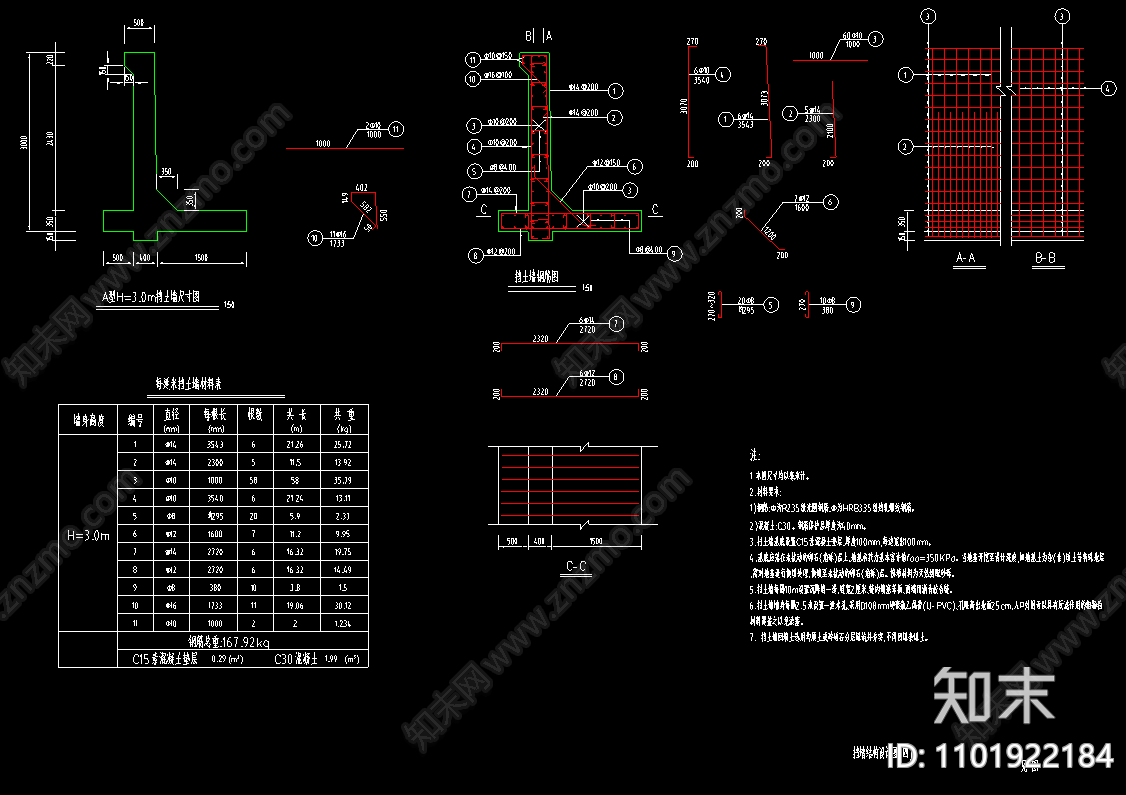 重力式挡土墙配筋材料表施工图下载【ID:1101922184】