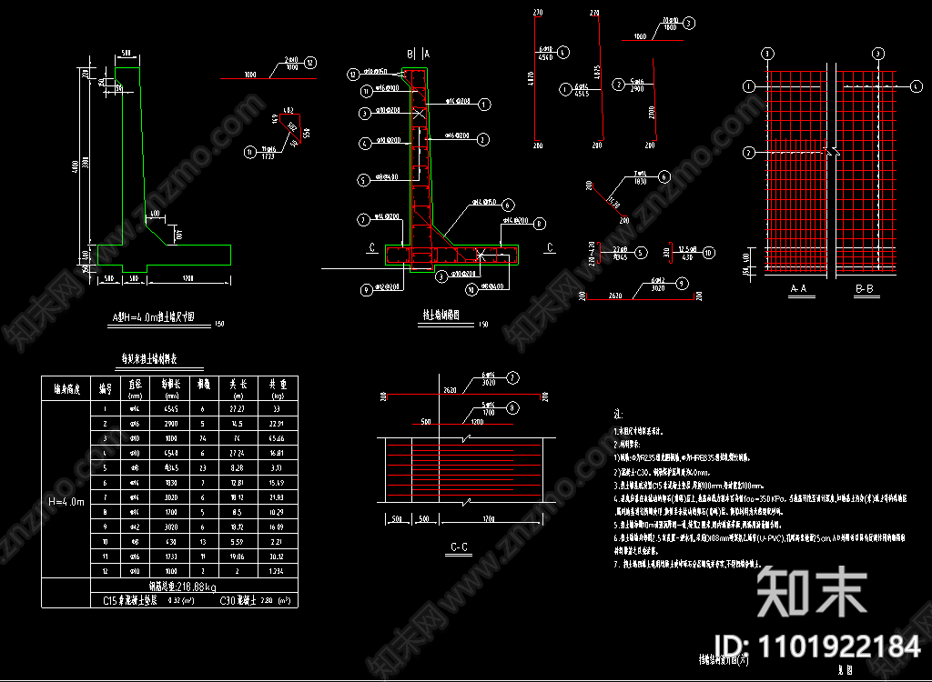 重力式挡土墙配筋材料表施工图下载【ID:1101922184】