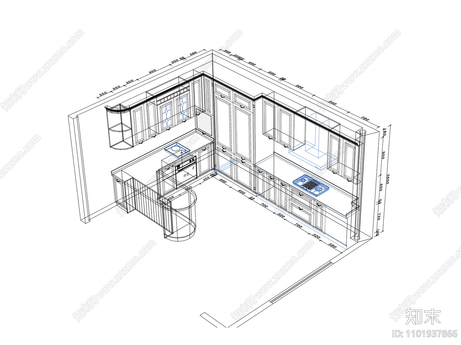 大师专用欧式风格三维橱柜立面施工图下载【ID:1101937866】