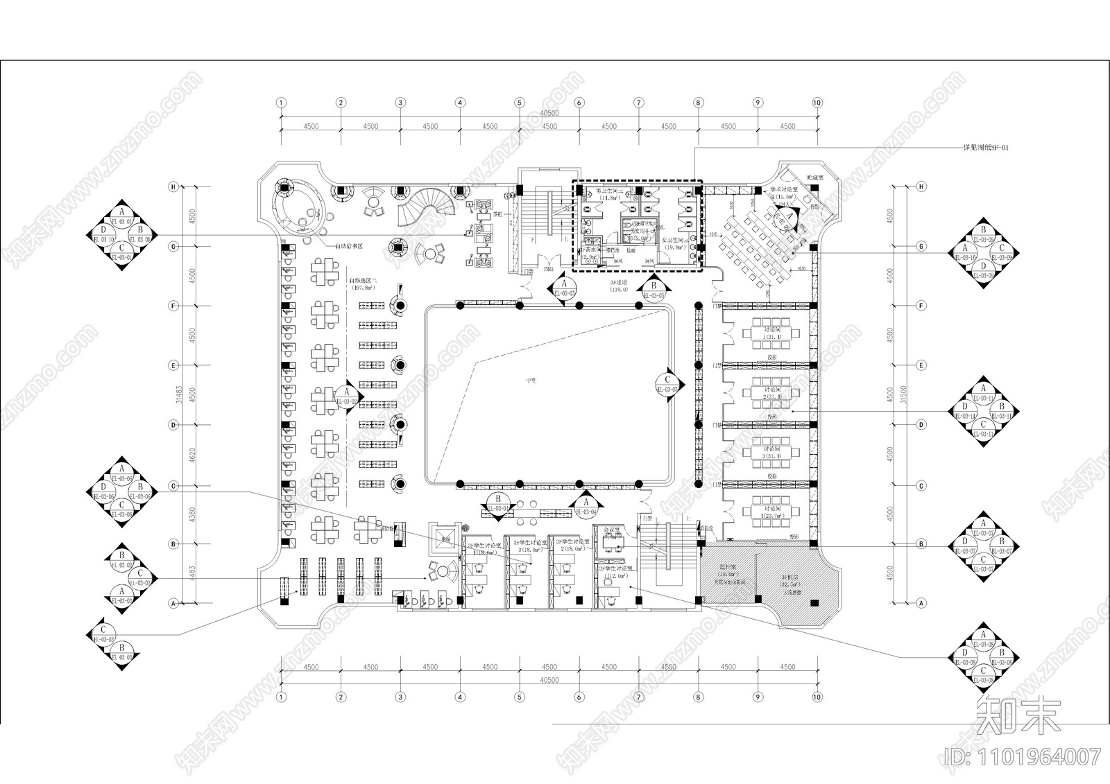 中大图书馆公共区域cad施工图下载【ID:1101964007】