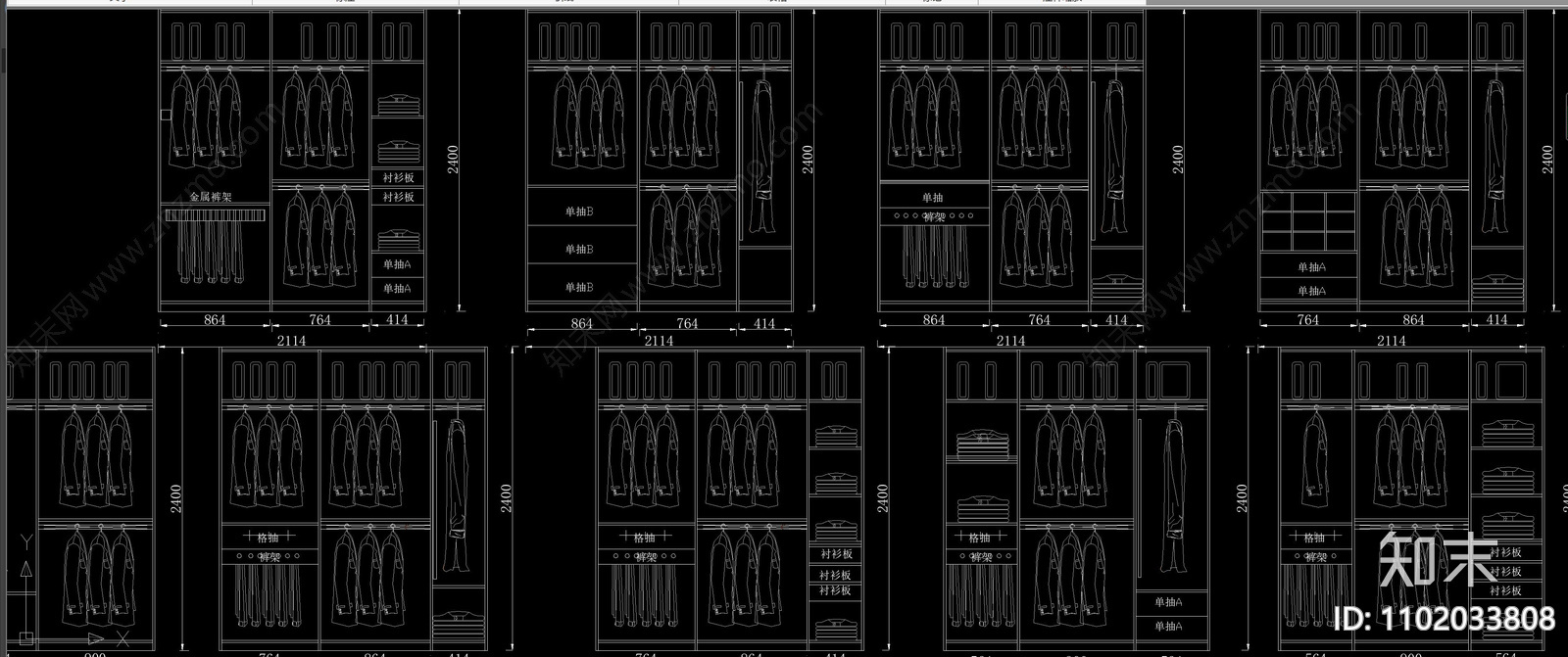 经典高级衣柜内部结构立面透视图案大全cad施工图下载【ID:1102033808】