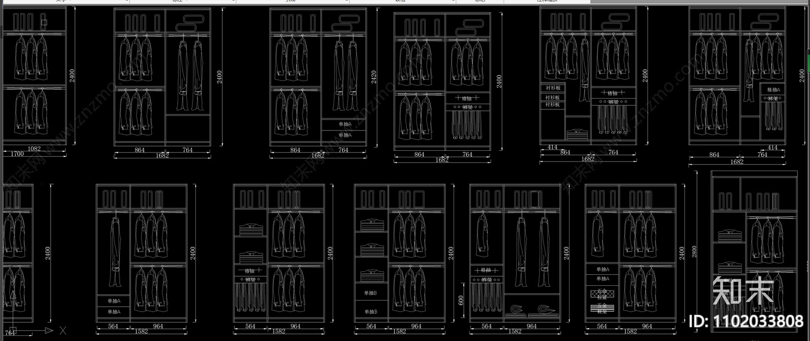 经典高级衣柜内部结构立面透视图案大全cad施工图下载【ID:1102033808】