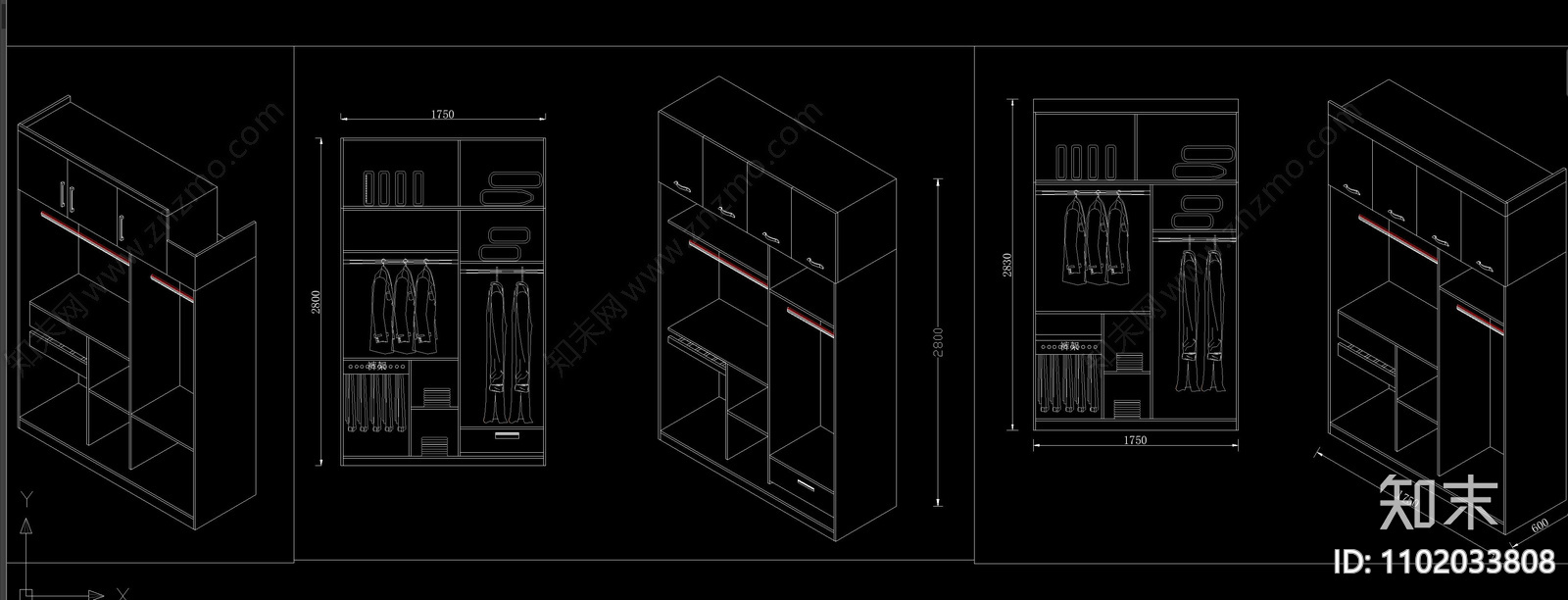 经典高级衣柜内部结构立面透视图案大全cad施工图下载【ID:1102033808】
