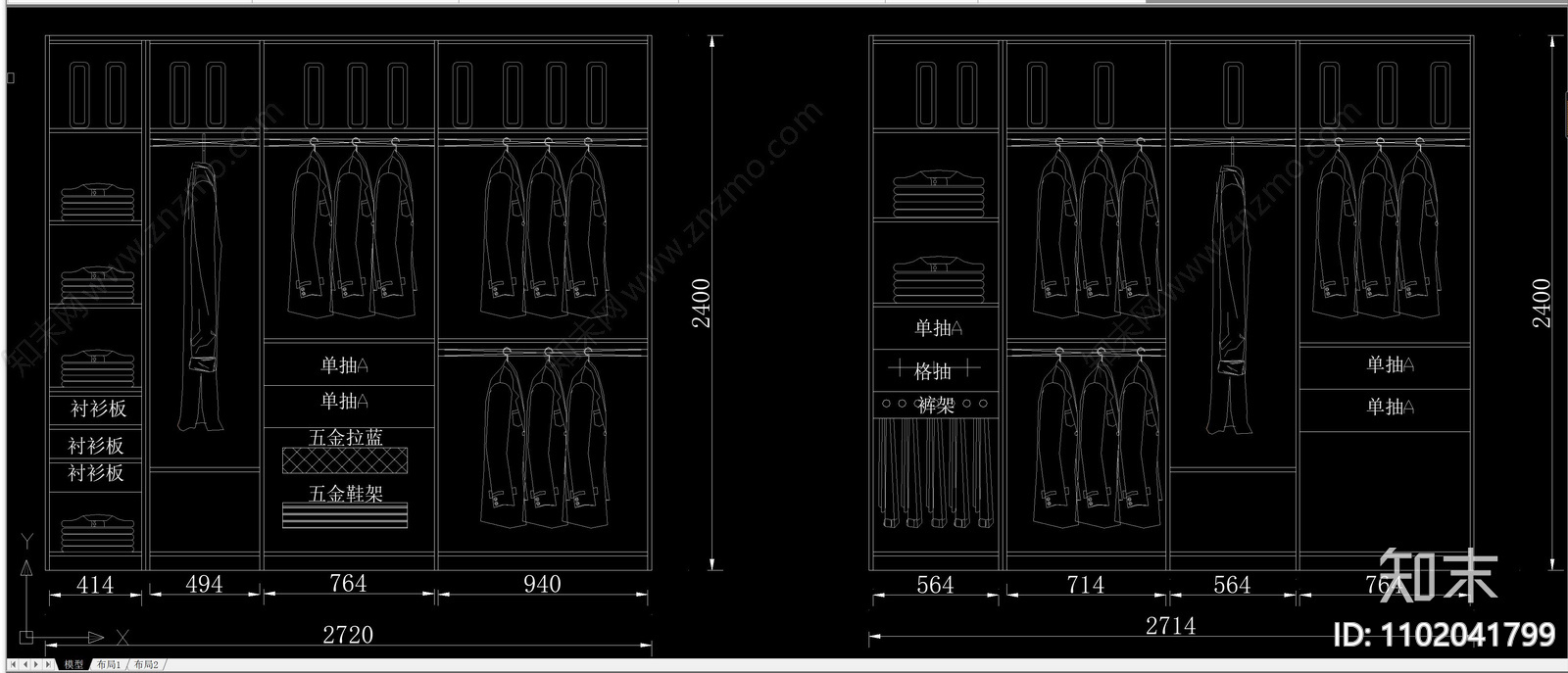 经典常用衣柜内部结构立面透视图案大全cad施工图下载【ID:1102041799】