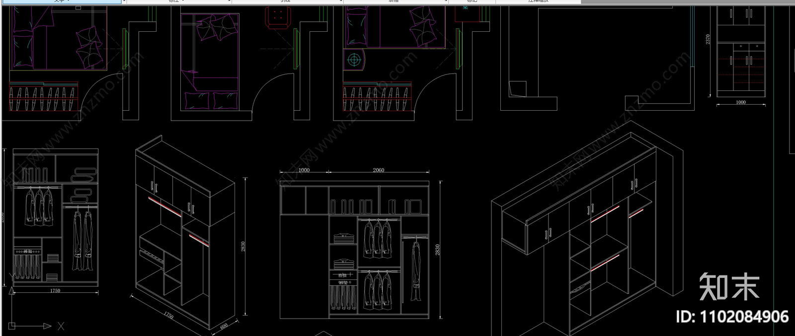 卧室各类柜体衣柜橱柜储物柜鞋柜平立面透视图库施工图下载【ID:1102084906】