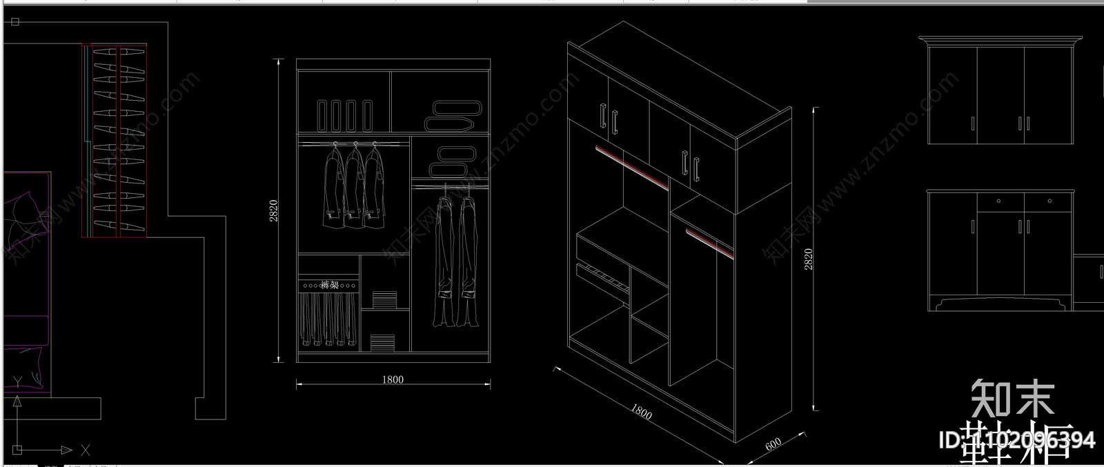 卧室各类柜体衣柜橱柜储物柜鞋柜平立面透视图库施工图下载【ID:1102096394】