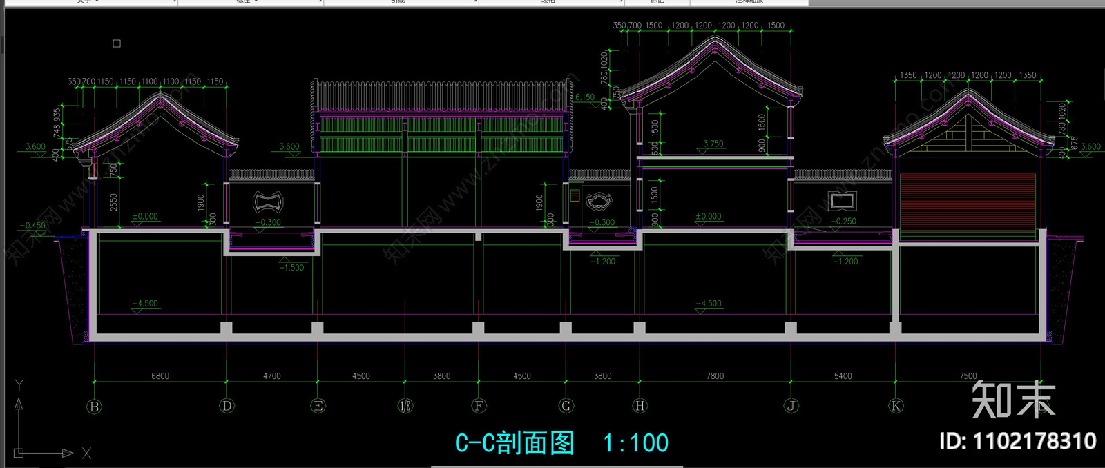 中式古建筑立面剖面图施工图下载【ID:1102178310】