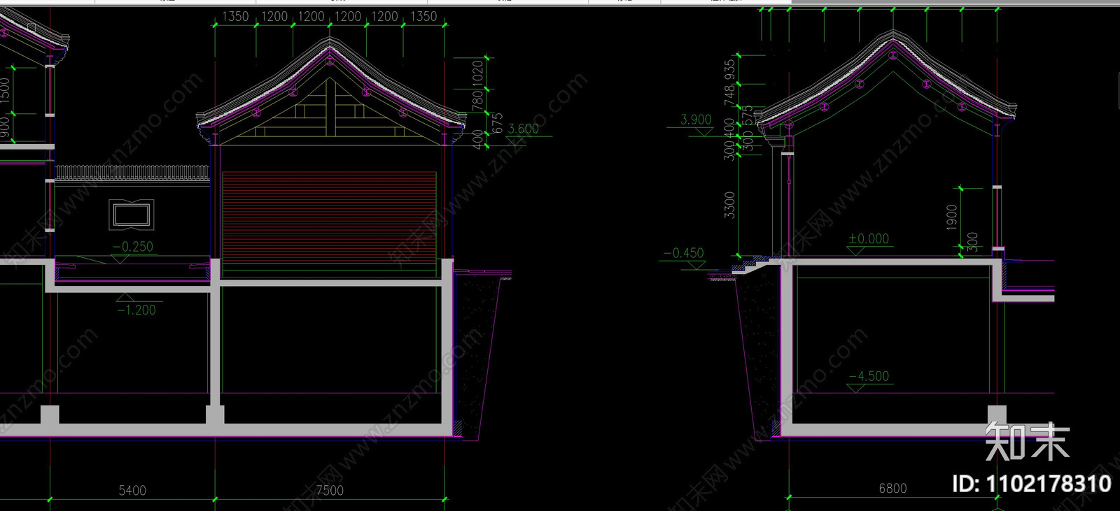 中式古建筑立面剖面图施工图下载【ID:1102178310】